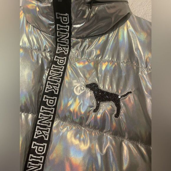 Limited release PINK Victoria’s Secret holographic puffer jacket sz S - Picture 2 of 6